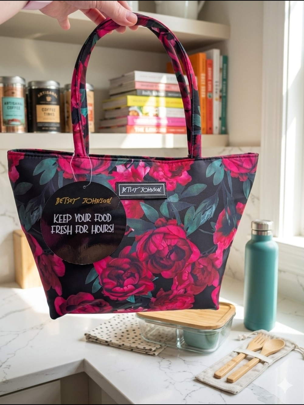 Betsey Johnson Black Tote with Pink Floral Print (NWT)